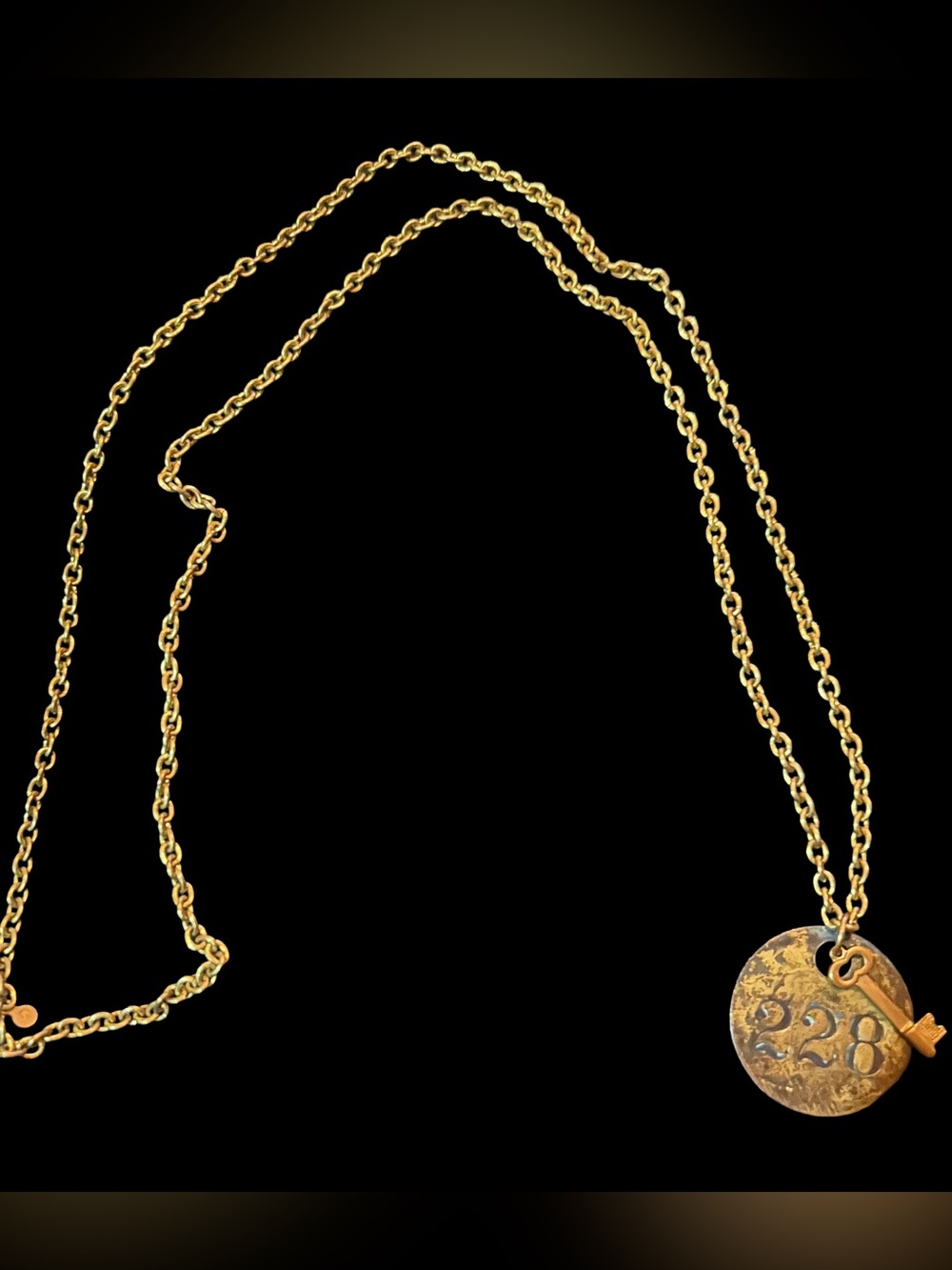 Antique Skeleton Key & Industrial Tag 228 Necklace Long Brass